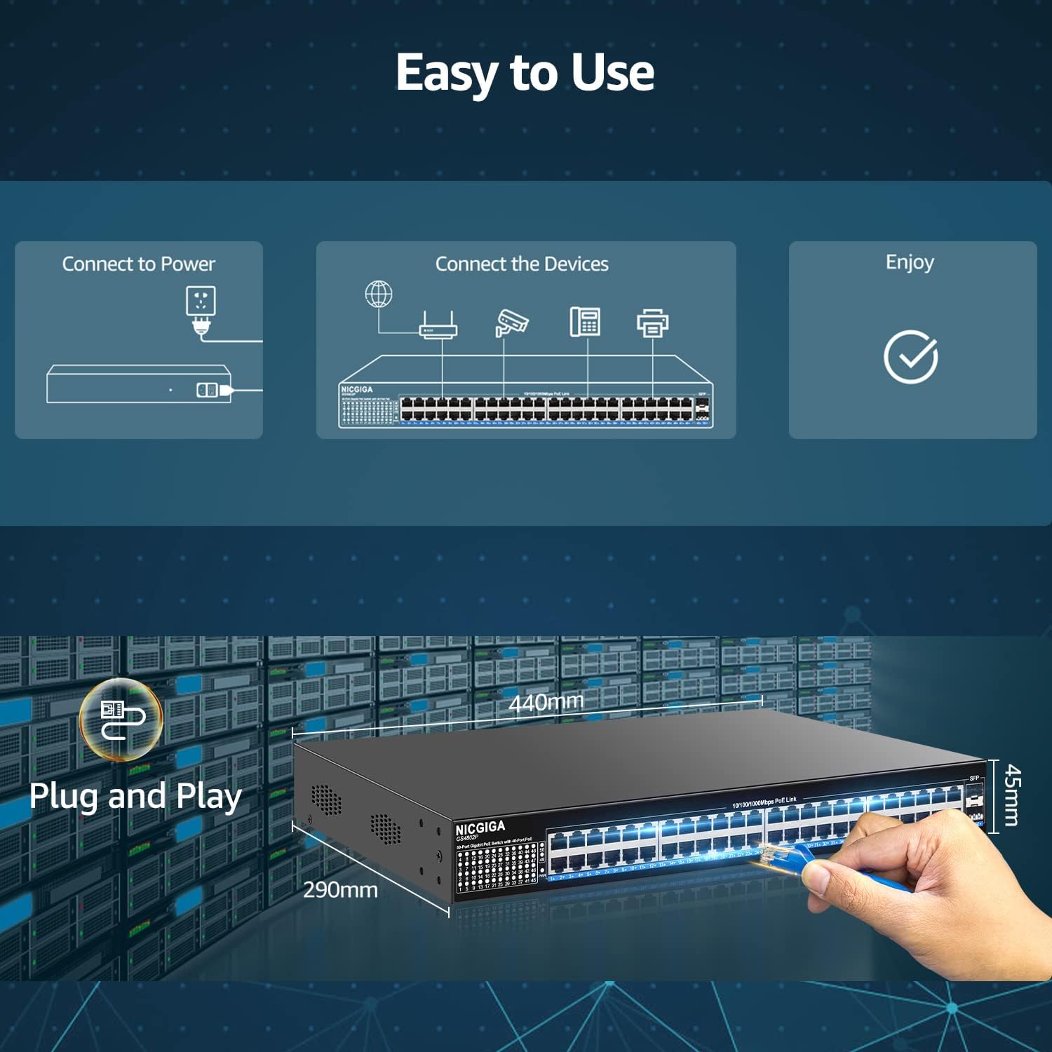 48 Port Gigabit PoE Switch Unmanaged with 48 Port IEEE802.3af/at PoE+@400W, 2 x 1G SFP image 3 48 Port Gigabit PoE Switch Unmanaged with 48 Port IEEE802.3af/at PoE+@400W, 2 x 1G SFP image 3